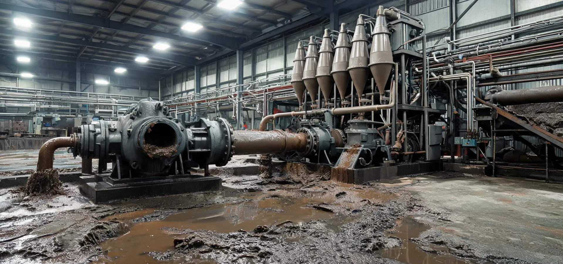 Slurry pump and hydrocyclone cluster on a hard-rock mill floor